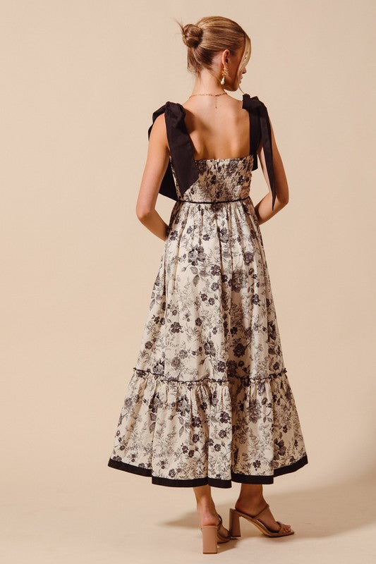 Vintage Black Floral Tie Shoulder Dress