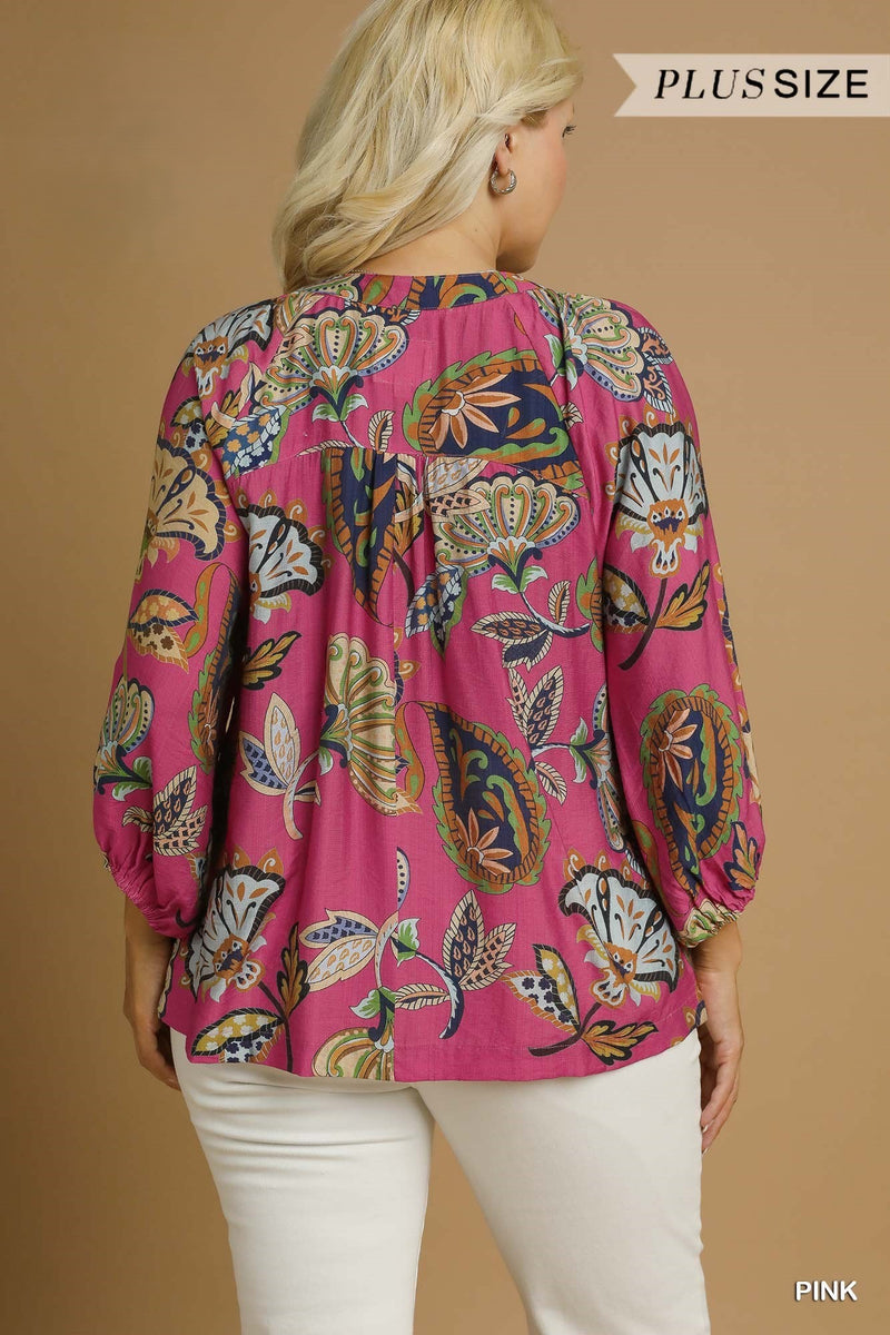 Curvy Boho Paisley Puff Sleeve Blouse