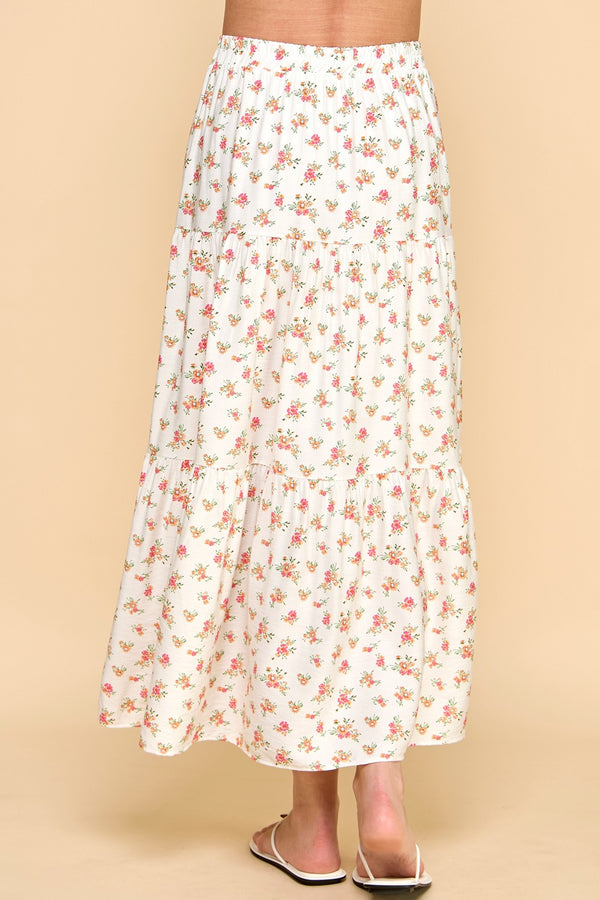 White Floral Print Three Tier Skirt