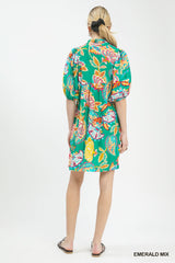 Emerald Paisley Print V Neck Dress