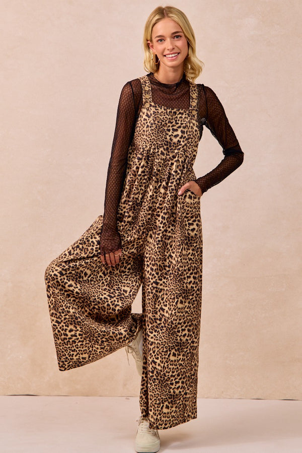 Leopard Printed Wide Leg Overall with Pocket