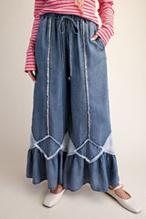 Washed Denim Ruffle Bottom Mineral Washed Pant
