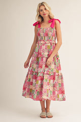 Pink Tie Shoulder Floral Midi Dress