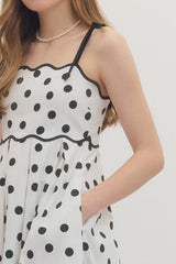 Polka Dot Tie Shoulder Scallop Trim Midi Dress