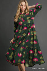 Forest Green Floral Print Tiered Midi Dress W/ Buttons