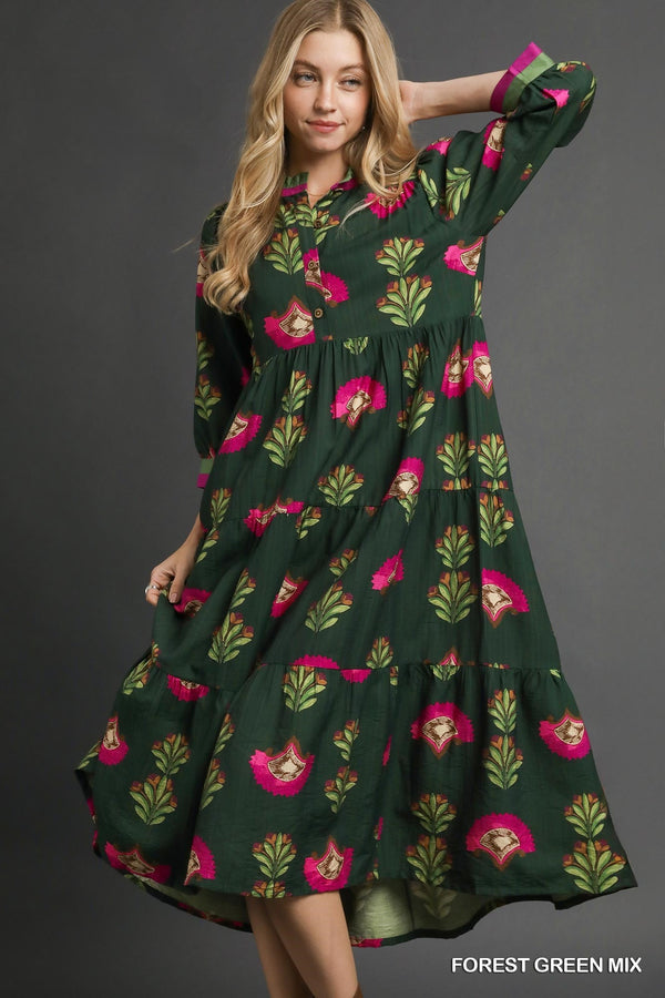 Forest Green Floral Print Tiered Midi Dress W/ Buttons