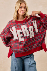 Red Plaid MERRY Letters Oversized Long Sleeve Top