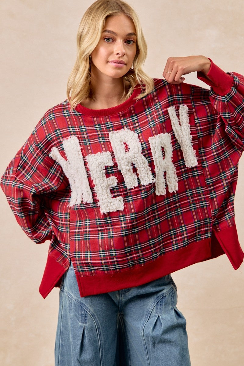 Red Plaid MERRY Letters Oversized Long Sleeve Top