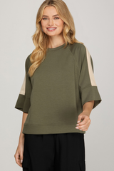 Olive Contrast Half Sleeve Scuba Top