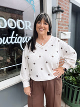 Cream Polka Dot Long Sleeve Textured Top