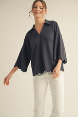 Scalloped Edge 3/4 Sleeve Top