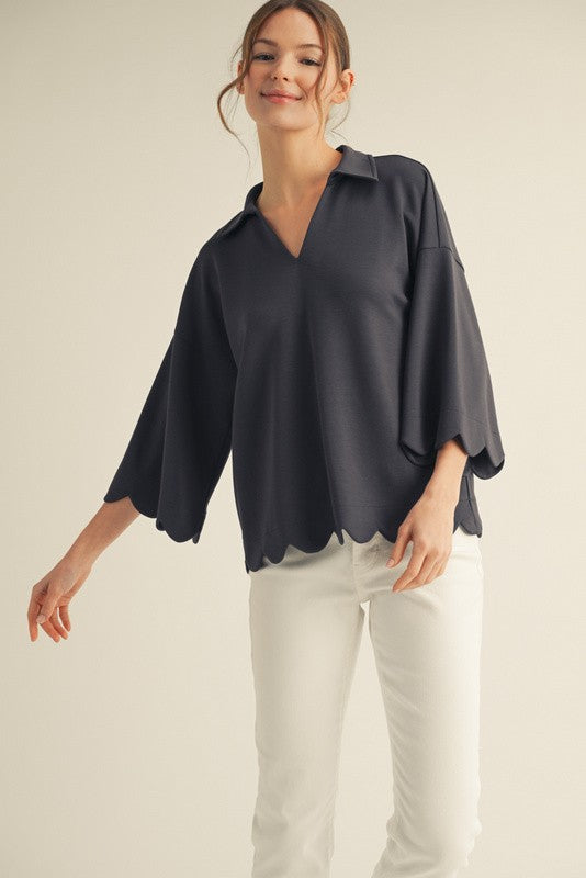 Scalloped Edge 3/4 Sleeve Top