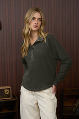 Charcoal Ribbed Mock Neck Snap Detail Top