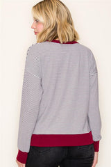 Black and White Striped Top With Burgundy Trim