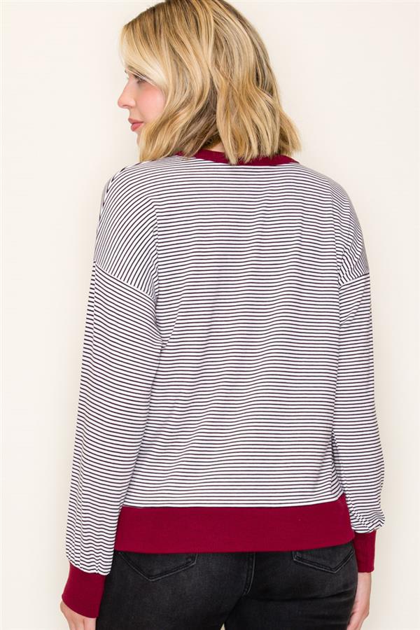 Black and White Striped Top With Burgundy Trim