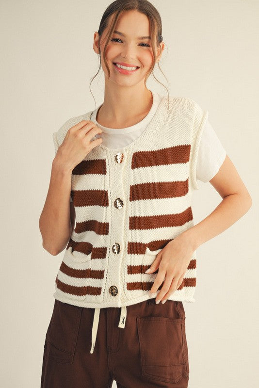 Stripe Sweater Vest With Gold Buttons