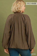 Curvy Brown Polka Dot V- Neck Bubble Hem Top