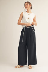 Black Embroidery Accent Wide Leg Pants