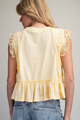 Yellow Side Lace Trim Ruffle Hem Top