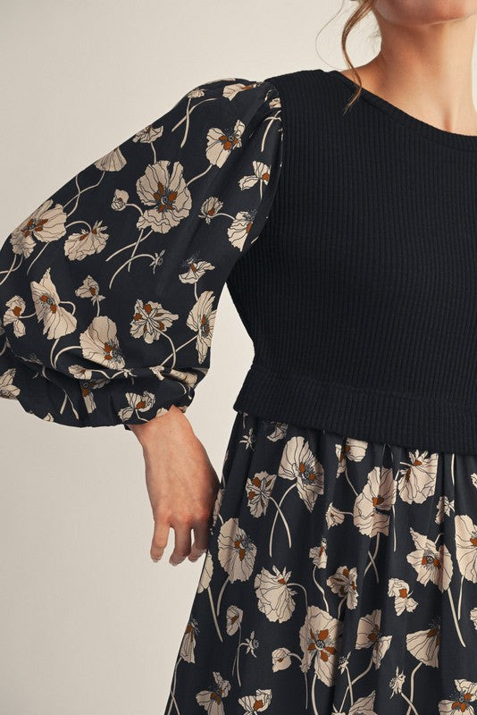 Black Ribbed Knit Floral Midi Dress