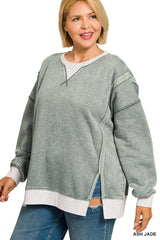 Curvy Fleece Acid Washed Contrast Trim Pullover