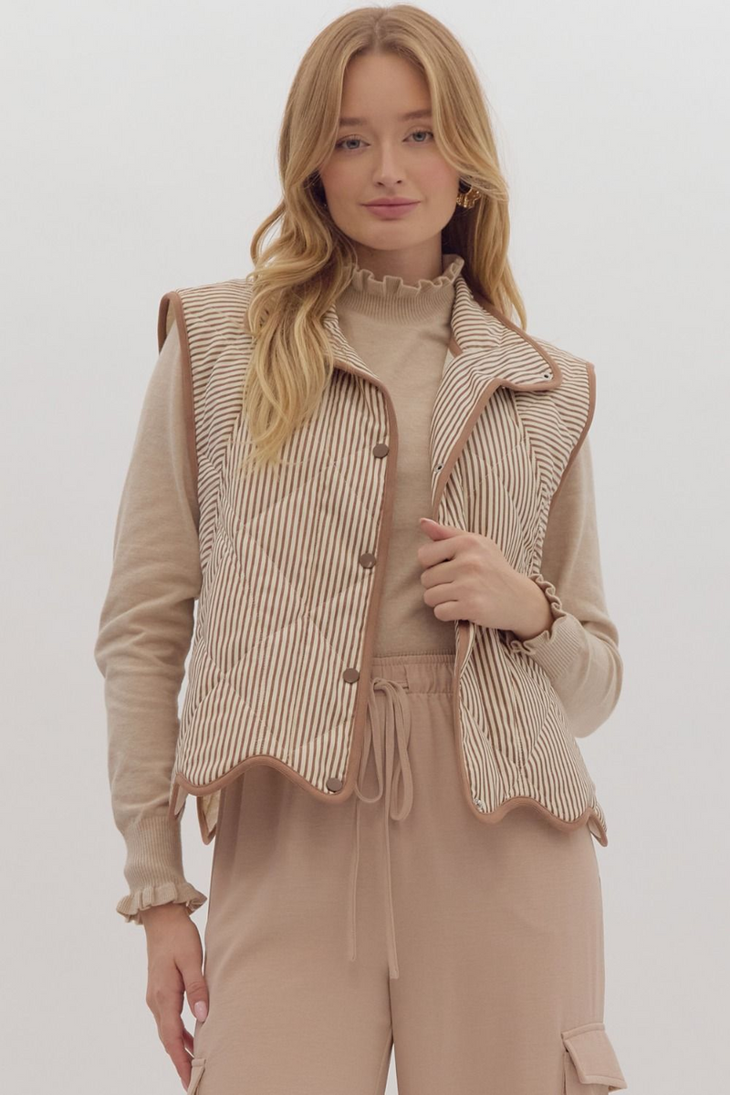 Cream & Brown Striped Vest with Scallop Hem