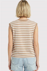Taupe Stripes  Split Neck Cap Sleeve Top