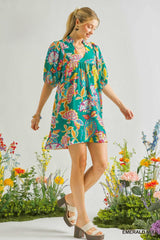 Emerald Paisley Print V Neck Dress