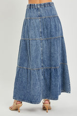Denim High Rise Ruffle Long Skirt