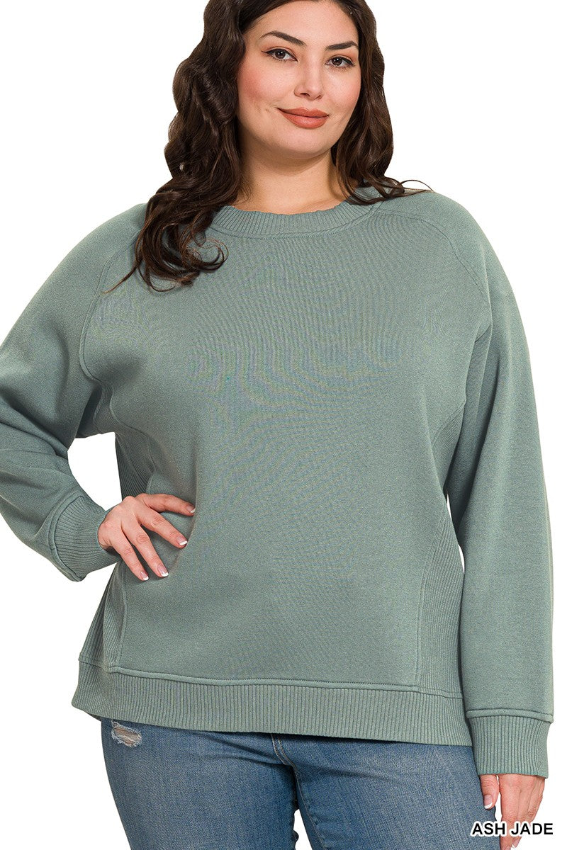 Curvy Fleece Round Neck Ribbed Side Sweatshirt