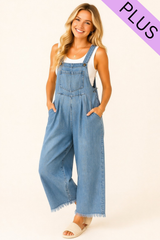 Curvy Denim Wide Leg Overalls with Fray Hem