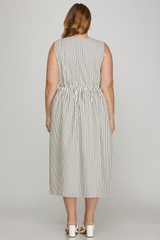 Curvy Navy Sleeveless Striped Bow Front Midi Dress