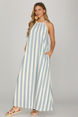 Blue Halter Neck With Wooven Neck Trim A-Line Maxi