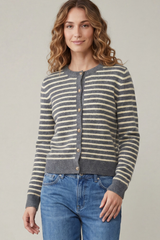 Gray Striped Long Sleeve Gold Button Down Cardigan