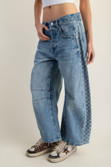 Denim Side Checker Panel Barrel Jeans