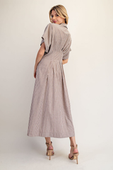 Brown Striped Pleated Maxi Dress