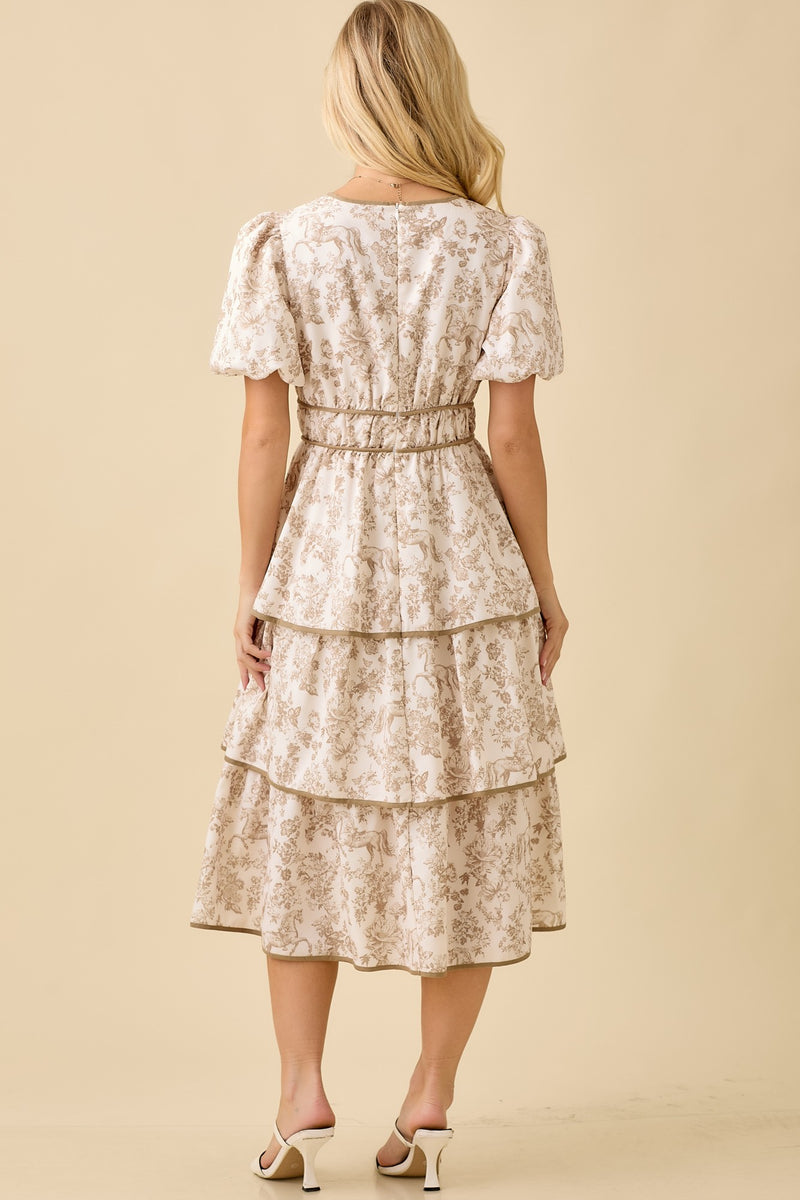 Taupe Horse Toile Ruffle Midi Dress