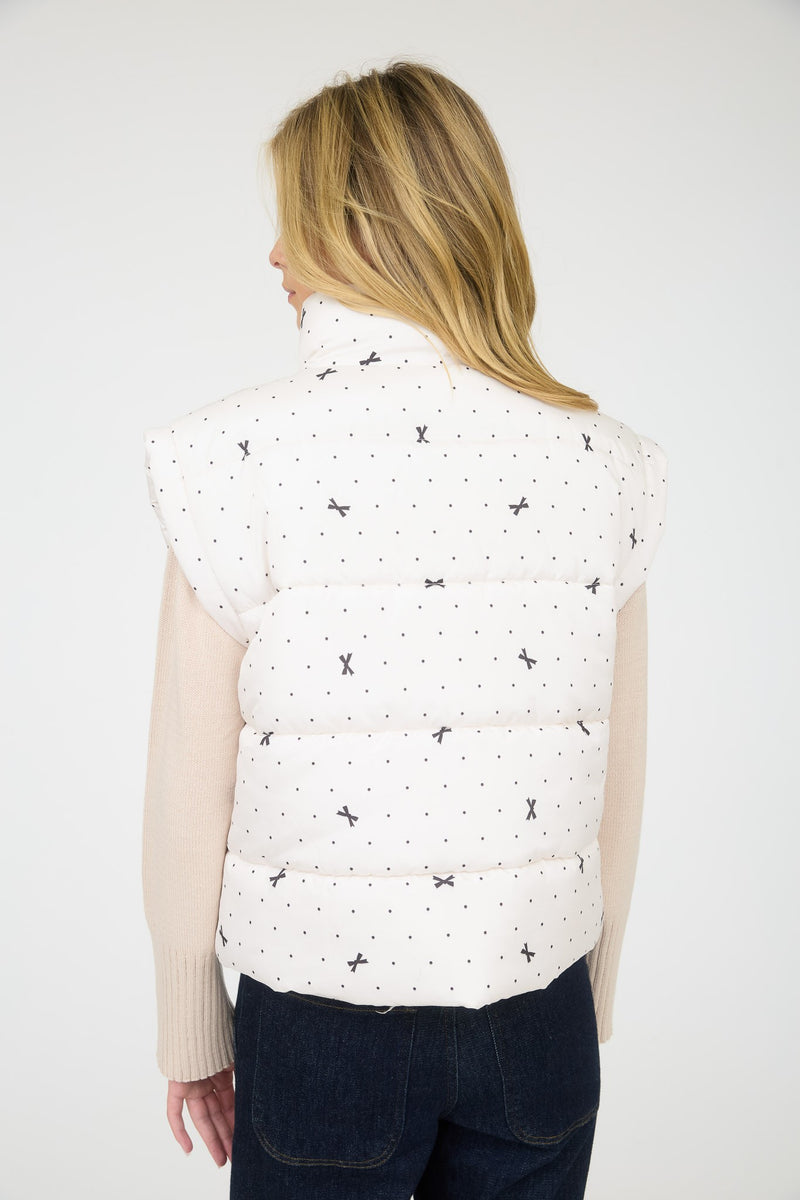 Ivory Polka Dot and Bow Pattern Zip Up Puffer Vest