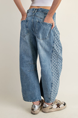 Denim Side Checker Panel Barrel Jeans