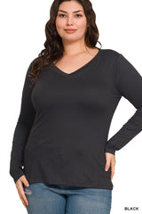 Curvy Brushed Microfiber Long Sleeve V-Neck Tee