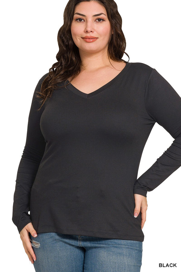 Curvy Brushed Microfiber Long Sleeve V-Neck Tee