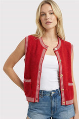 Red Ribbed Finish Button Down Sweater Vest