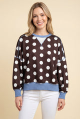 Brown Polka Dot Blue Trim Pullover