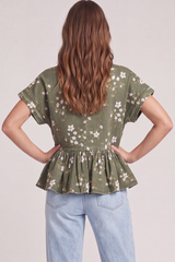 Olive Floral Printed Cotton Twill Top