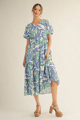 Blue Paisley Tiered Midi Dress