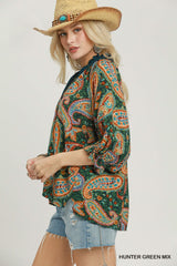 Teal Paisley Print Contrast Collar Top
