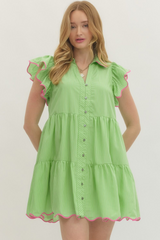 Green Pinstripe Pink Tiered Dress