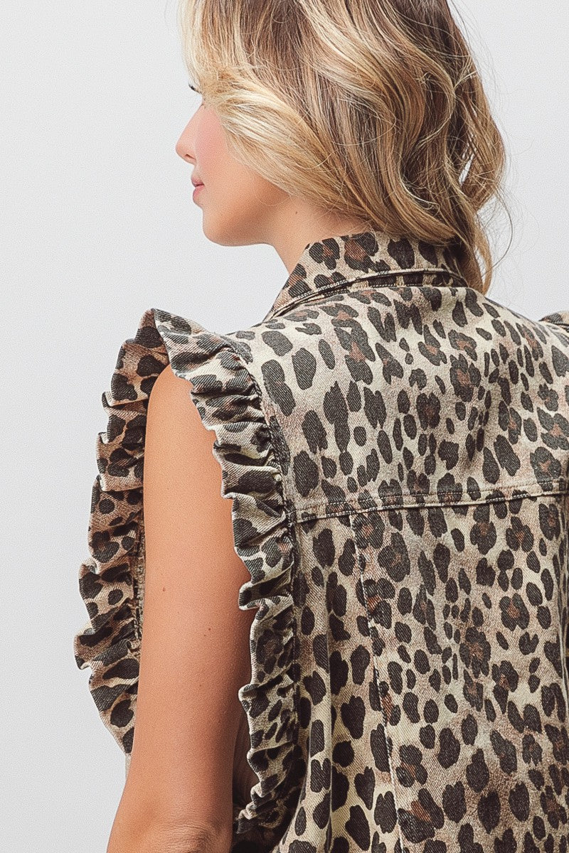 Leopard Button Up Vest with Ruffled Armholes