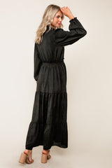 Frilled Smocked Waist Long Sleeve Midi Dress