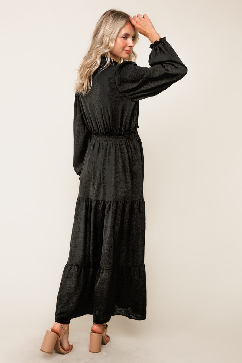 Frilled Smocked Waist Long Sleeve Midi Dress